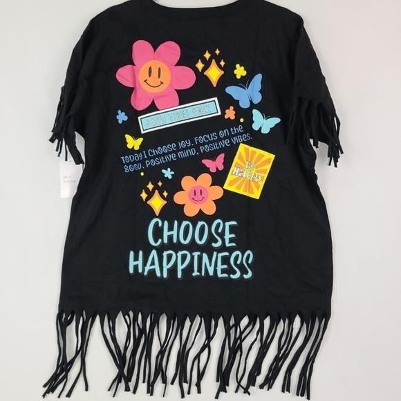 NEW ON Fire Black Fringe Tee "Good Vibes Only Be Happy" Flowers Print SZ 2X NWT - Picture 5 of 7